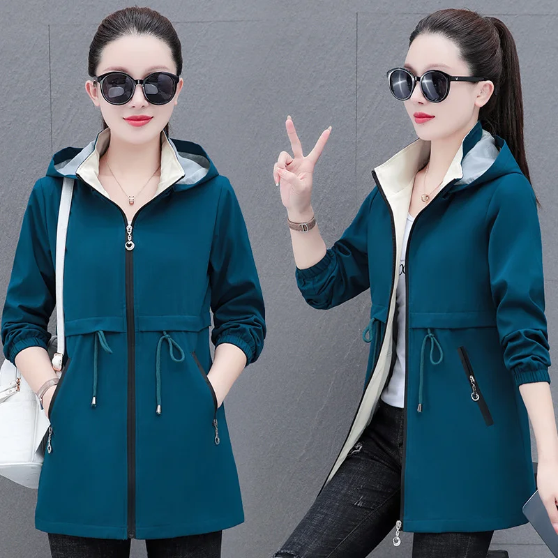 

Двусторонняя ветровка средней длины, Женский Тренч, новинка 2024, корейский стиль, весна-осень, свободная Женская ветровка, топы 5XL