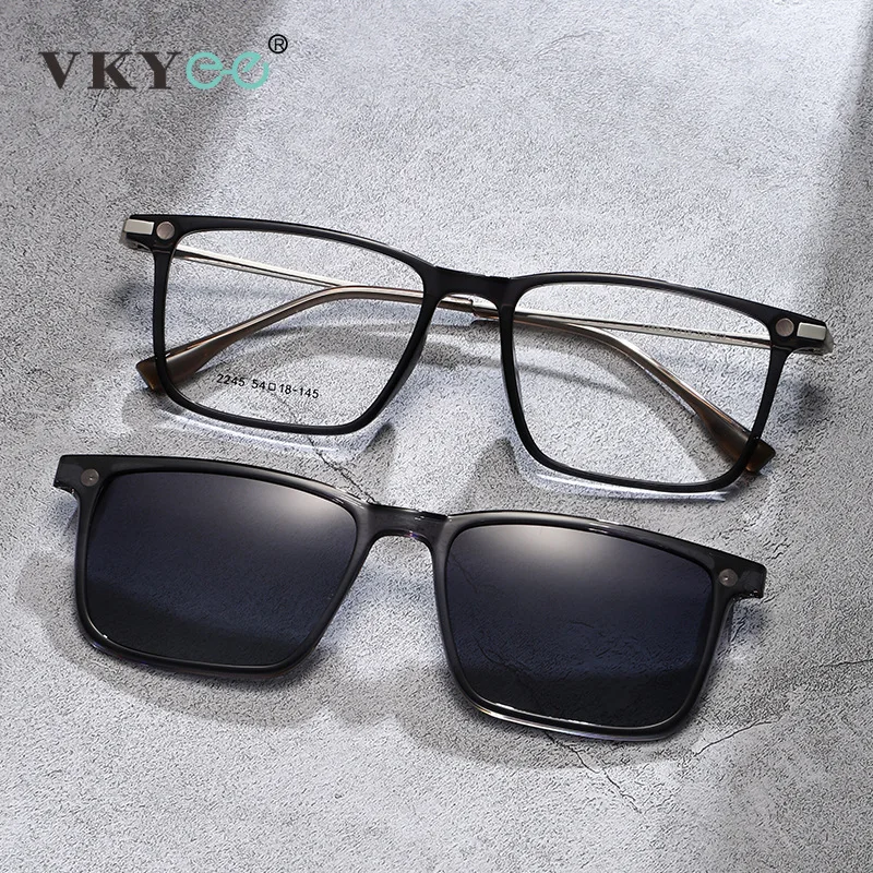 VKYEE Quadratische magnetische Clip-On-Brille, UV-Schutz, polarisierte Sonnenbrille, anpassbare verschreibungspflichtige Lesebrille TJ2245