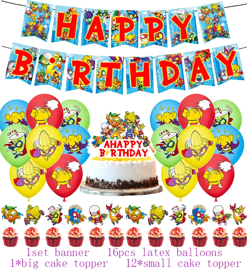 Description Picture 5 of itemNew Superthings Birthday Party Decoration Tableware Supplies Set Banner Cake Topper Balloon Backdrop for Kids Party Decoration