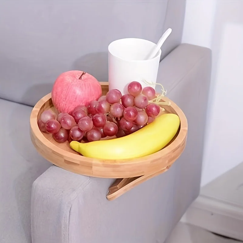 1pc Foldable Sofa Armrest Tray Wooden Round Plate Snack Table, Clip-on Sofa Side Table, Portable Small Spaces Side Table