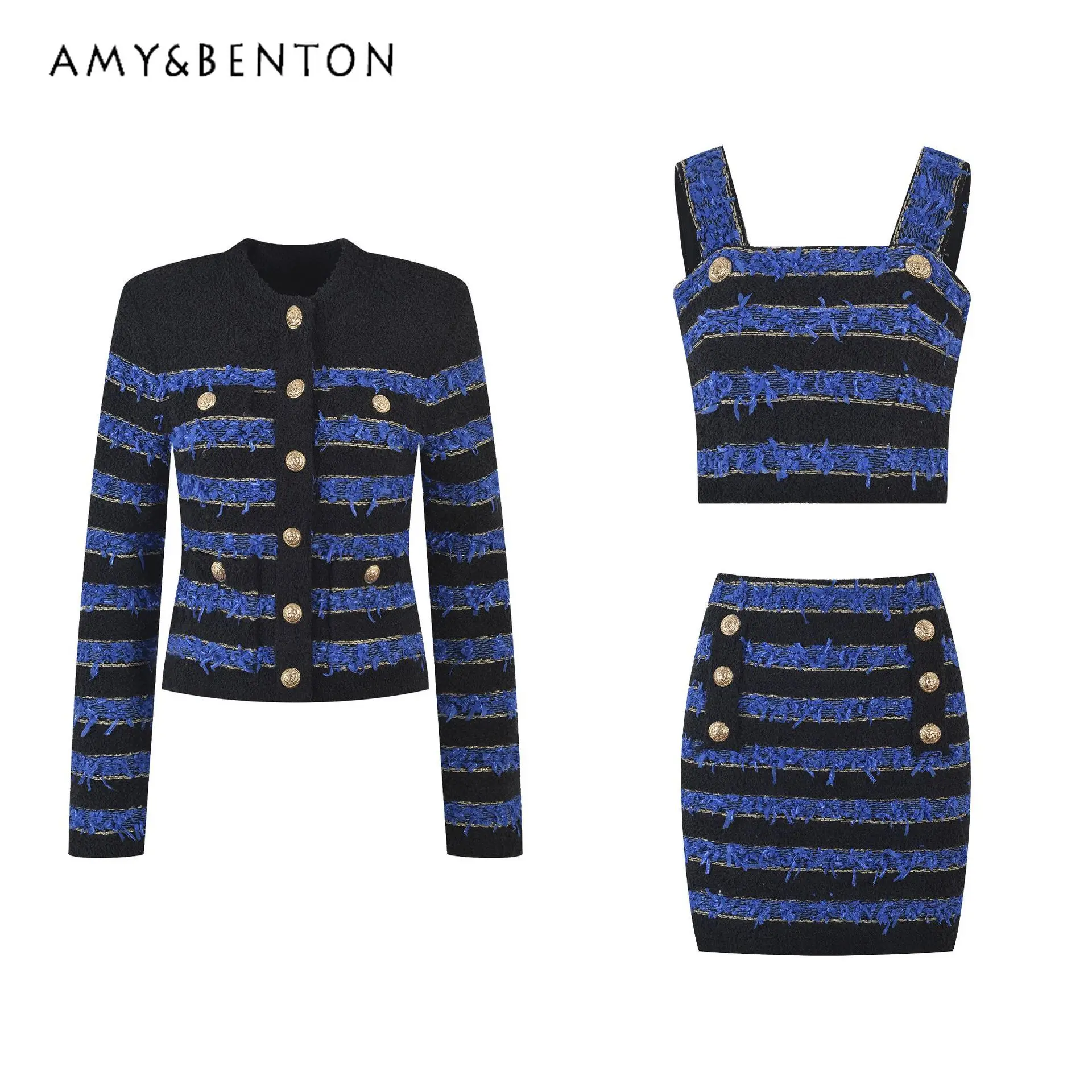 

Classic Set Matching Gold Buckle Decoration Age-Reducing Gentle Three-Piece Sets Korean Style 2023 Autumn Matching Outfits Women