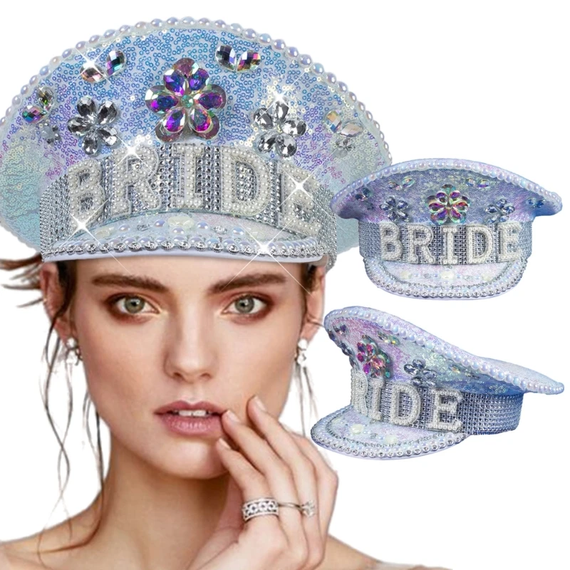 

Jeweled Captain Hat with Heavy Crystal Sequins for Bride Bachelorette Party Hand Beading Pearls Hat Wedding Photos