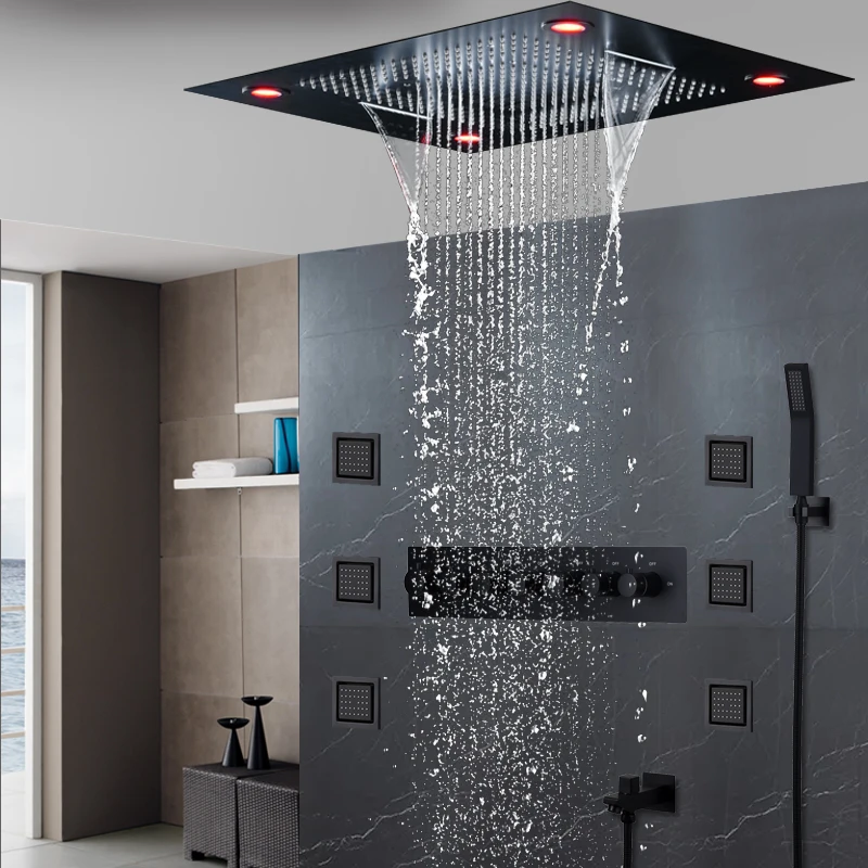 

Modern Thermostatic 6 Functions Shower Set Concealed Ceilinig 600x800mm Dual Rainfall Waterfall Massage Misty Showerhead LED