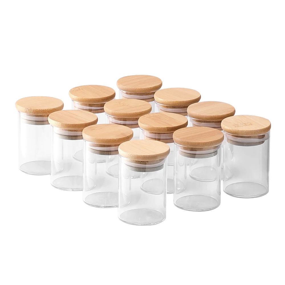 12Pcs Glass Spice Jar Set with Bamboo Lids Kitchen Storage Bottle: 3 - 5 Days Free Delivery Only UK