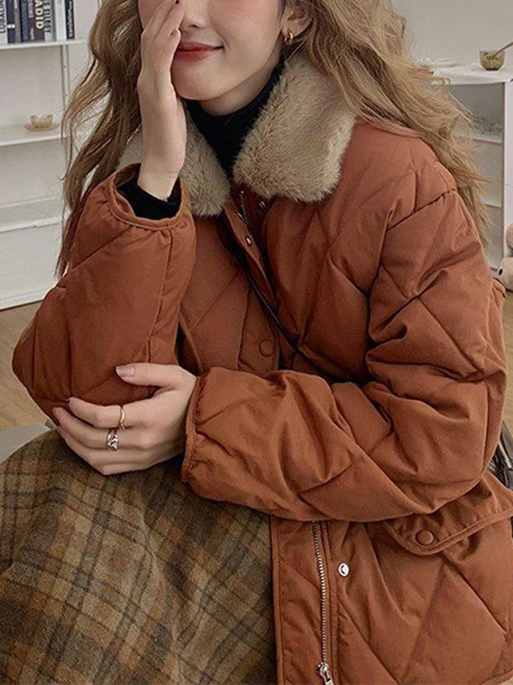 

Down Padded Jacket Women Autumn Winter Casual Warm Thick Argyle Parkas Female Korean Fashion Loose Single Breasted Fluffy Coats