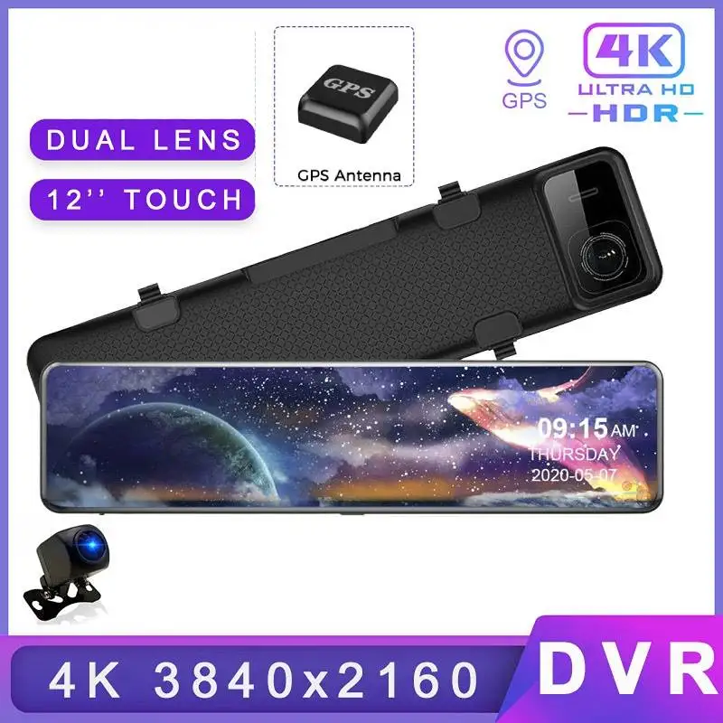 4K 12inch Car Mirror Video Dual Lens Full Hd 1080P Front And Rear Dvr Parking Monitor Night Vision GPS 128Gb View Drive Recorder