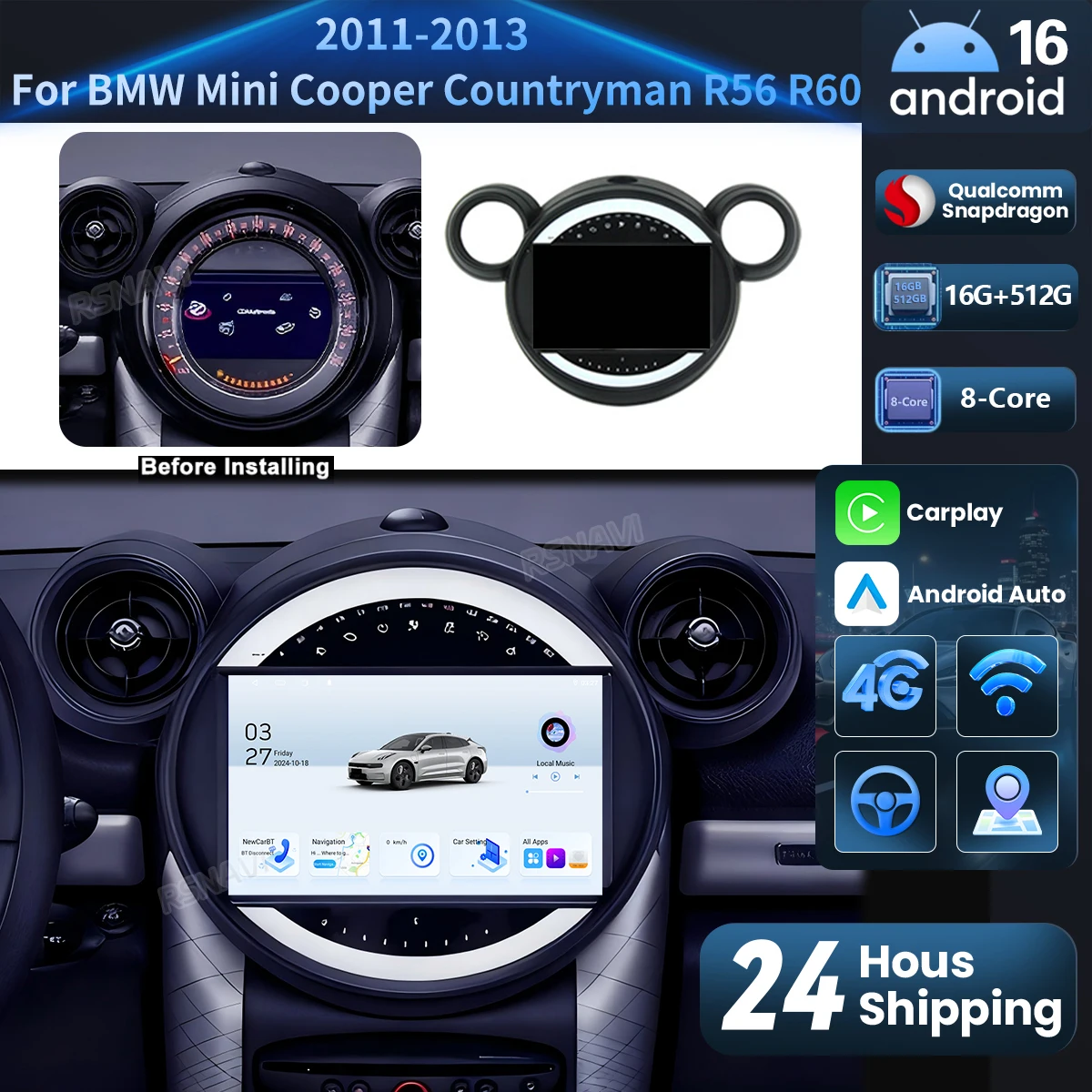 Radio multimedia para coche Android 16 Carplay Auto Qualcomm para BMW Mini Cooper Countryman R56 R60 2011-2013 con navegación estéreo 1
