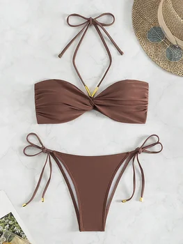 XS - L Halter Wrinkled Bandeau Bikini Female Swimsuit Women Swimwear Two-pieces Bikini Set High Cut Bather Bathing Suit Swim 1