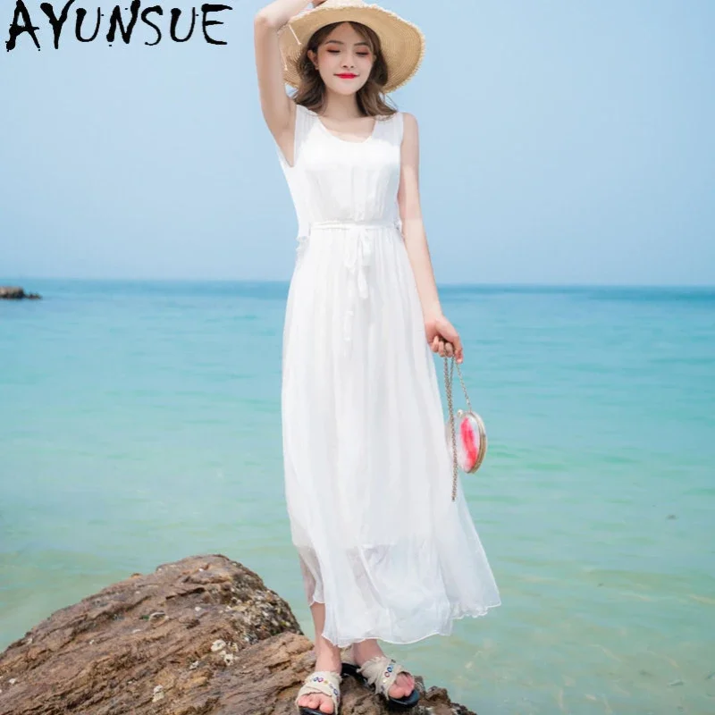 

Женское платье из натурального шелка тутового шелкопряда, длинное пляжное платье в богемном стиле, женская одежда на лето, 100%