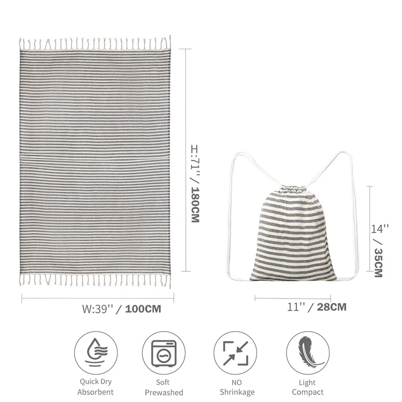 Premium Turkish Striped Oversized Beach Towels with Travel Bag - Quick Dry and Lightweight