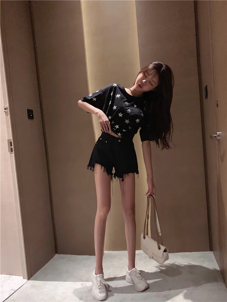 2022 Spring Women's Jeans New Fashion High Waist Straight Pockets Loose hole wide leg Short Denim Pants Female Tide 17A418 maternity shorts