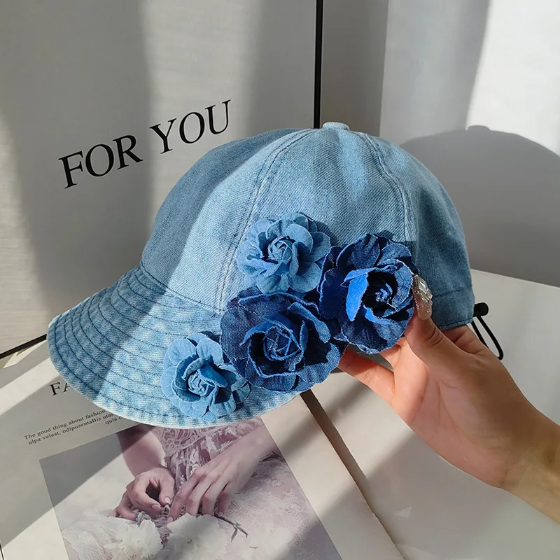 

3D джинсовая цветочная ткань Casquette Personnalisé Женская хлопковая складная дорожная Кепка Casquette Femme Summer Кепка-бейсболка от солнца