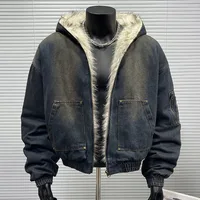 FEWQ Men's Padded Jackets New Fashion Denim Fleece Hooded Worn-out Zipper Patchwork Loose Winter Male Clothing Stylish 24F1011 2