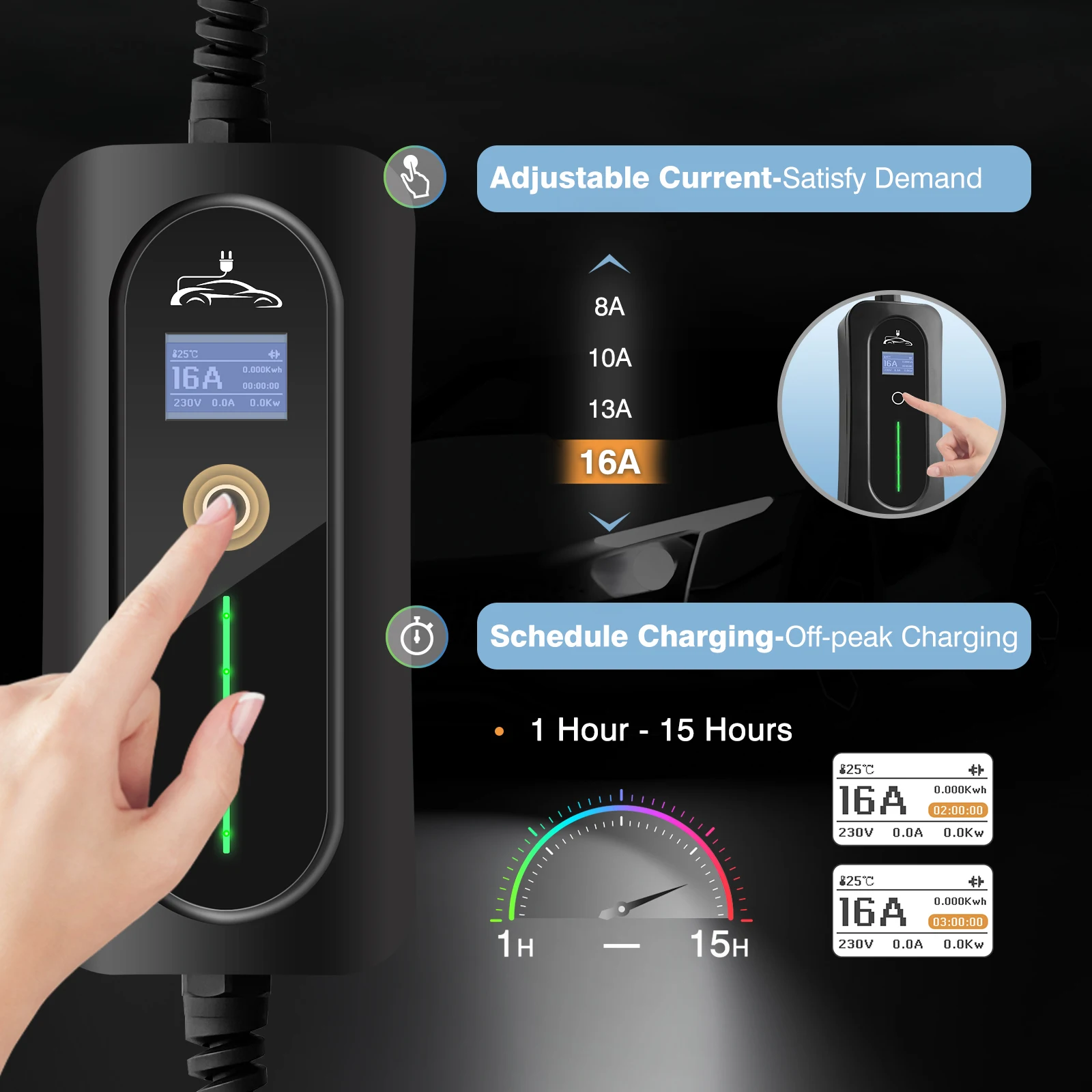 EV Car Charger Type 1 Portable EV Charging Box Cable Switchable 10/16A Schuko Plug 2.2/3.6KW