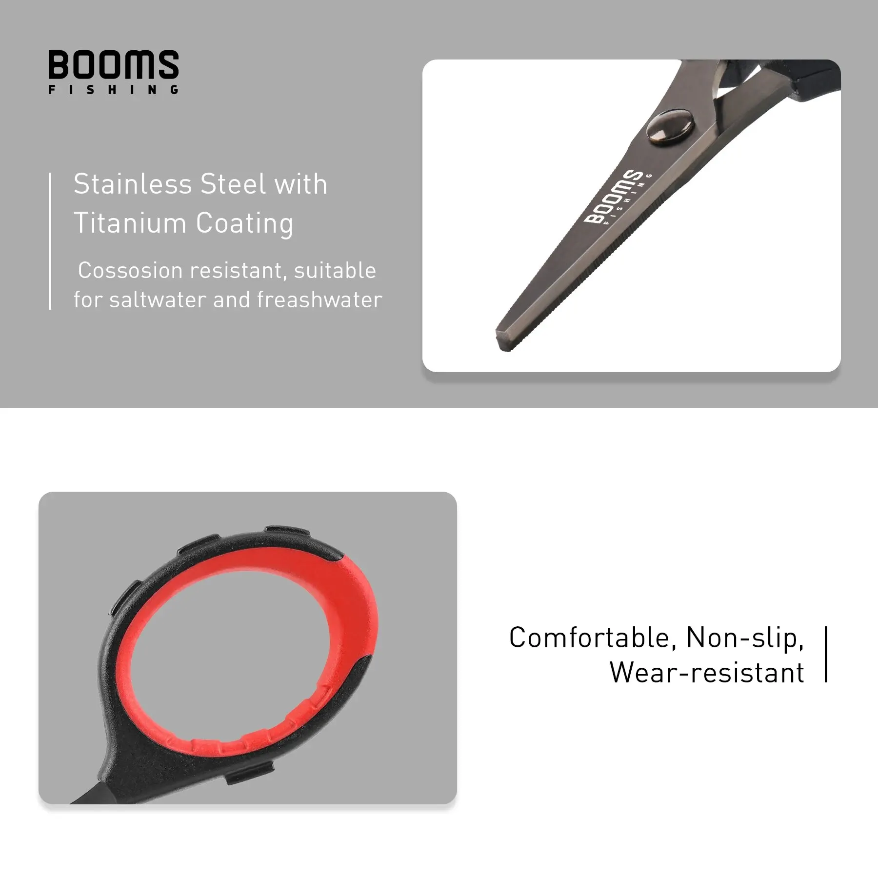 Fishing Scissors Booms Fishing S05 Braid Wire Scissors Stainless Steel Titanium Coating Antirust Anti-Slip Handle Sharp Fish Line Cutter Tools