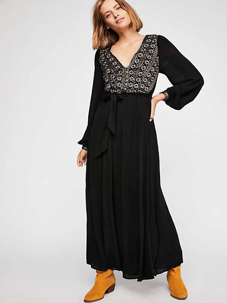 

DALMAZZO Harajuku Cotton And Linen Embroidery Flower Boho Long Dress For Women V Neck Sexy Backless Loose Vacation Vestidos 2023