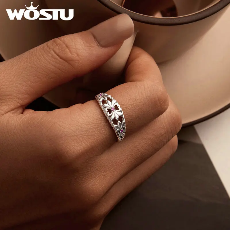WOSTU Vintage Iris Flower Ring For Women Retro 925 Sterling