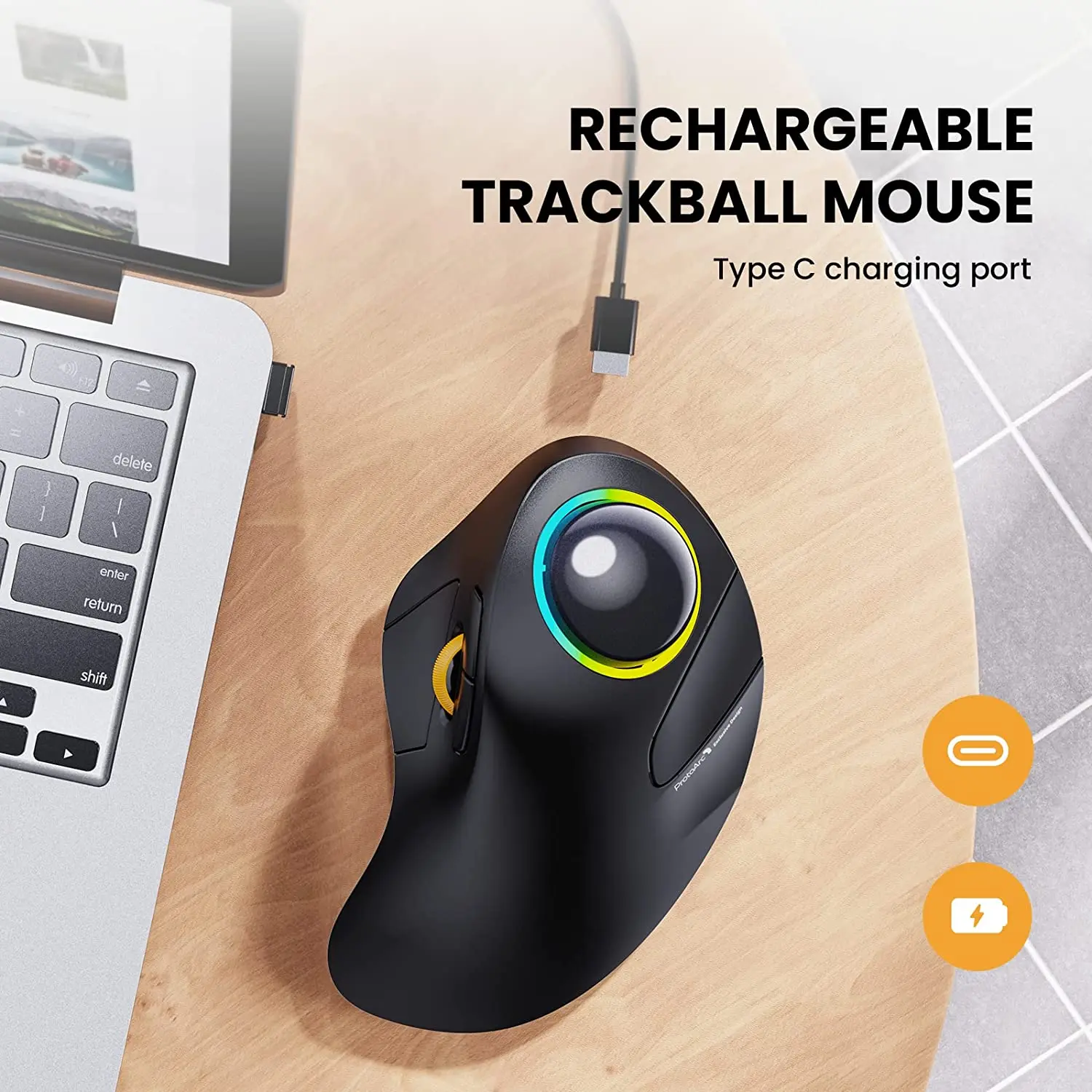 Mouse Trackball Wireless ProtoArc EM03 - Bluetooth, Ergonomico, RGB, Ricaricabile - Foto 5