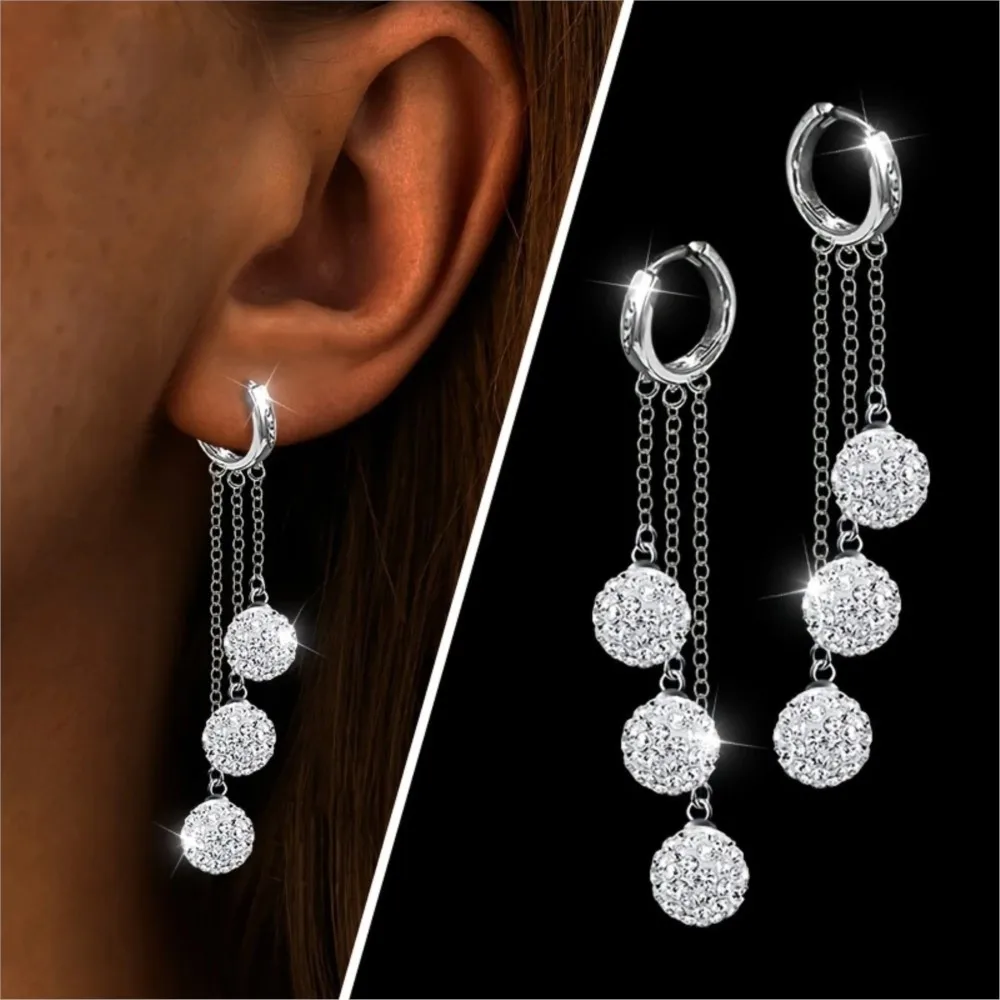 Silver Color 3 Shambhala Ball Design Tassel Lines Dangle Earring for Women Luxury Blingbling Hoop Earrings Holiday Wedding Gifts
