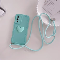 Love Heart Crossbody Lanyard Silicone Phone Case - Curly Wavy Design - Galaxy A15 4G (DBLAXGS Cyan)