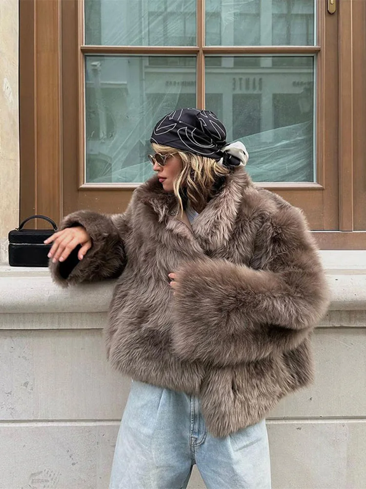 Lapel Brown Women Short Faux Fur Coat Luxurious Fluffy Long Sleeve Warm Jacket 2024 Autumn Winter Lady Solid High Street Outwear 6
