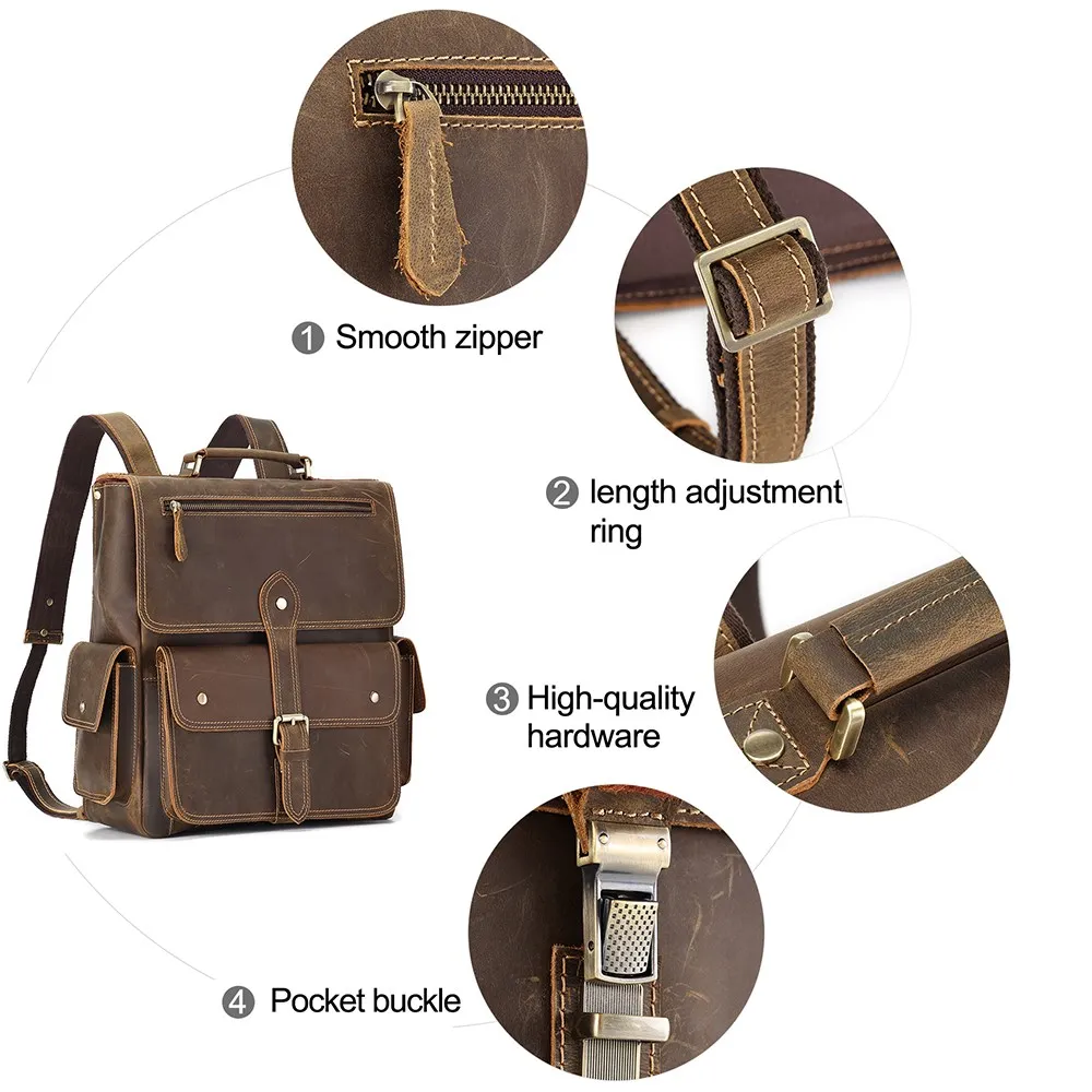 JOYIR Crazy Horse Leather Vintage Men's Backpack 13.3inch Laptop Bag Work Business Daypack Casual Cowhide Hiking Travel Rucksack