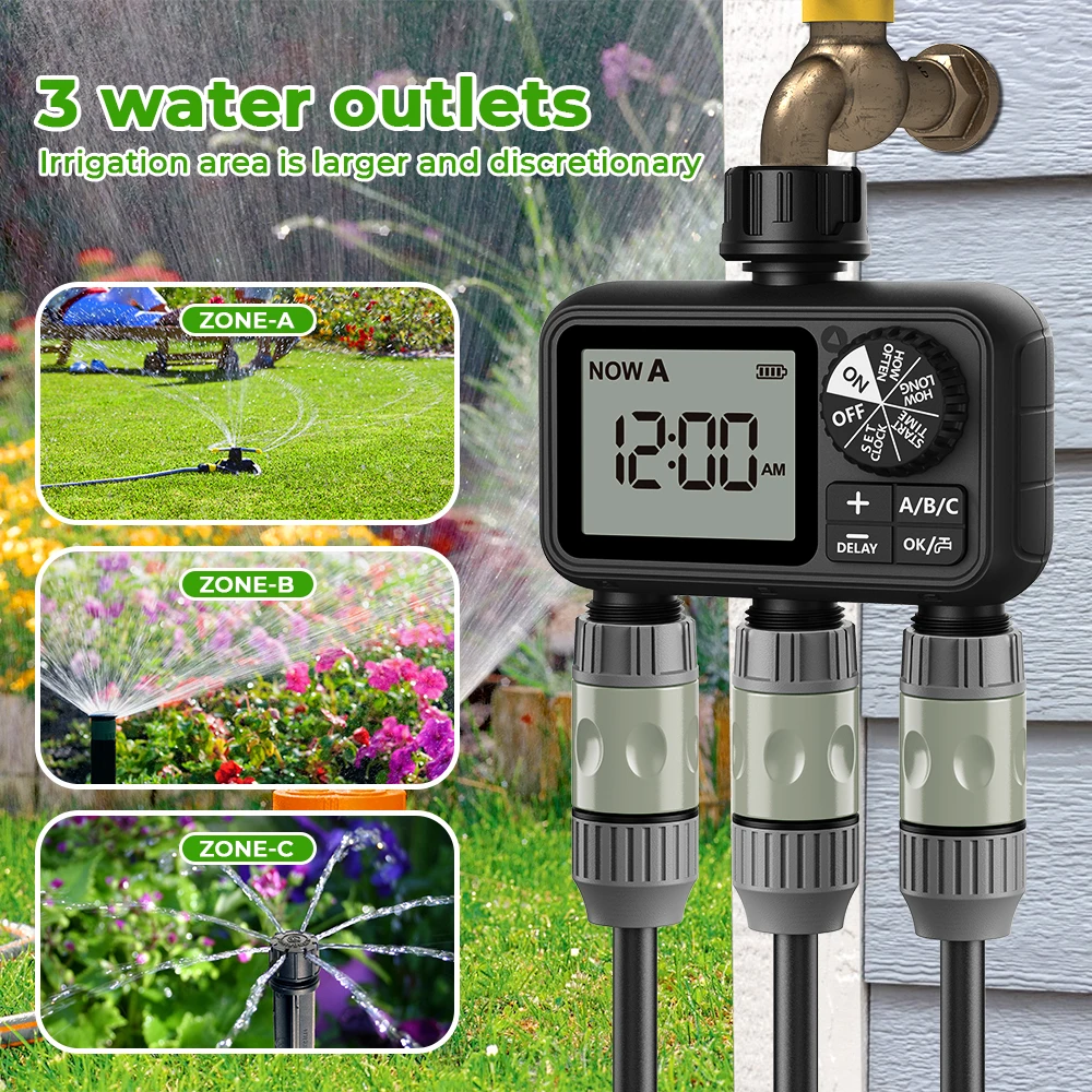 2025th Newest Eshico HCT-M08 3-Outlet Water Timer Automatic/ Manual/ Rain Delay Sprinkler 3P Watering System 3 Zone Garden Tool 2