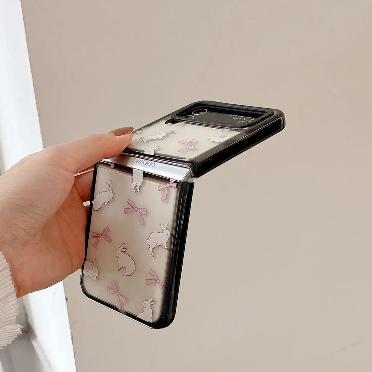 Black Border Acrylic Rabbit Bowknot Phone Case for Samsung Galaxy Z Flip 5 4 3 Back Cover for ZFlip4 ZFlip5 Hard Case Shell