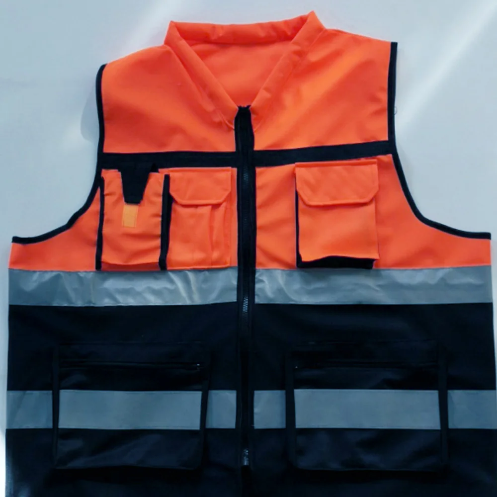 Outdoor Cycling Men's Reflective Strip Vest Workwear Multi-Pocket Zip Up Traffic Safety Waistcoat Outwear Vest Tops