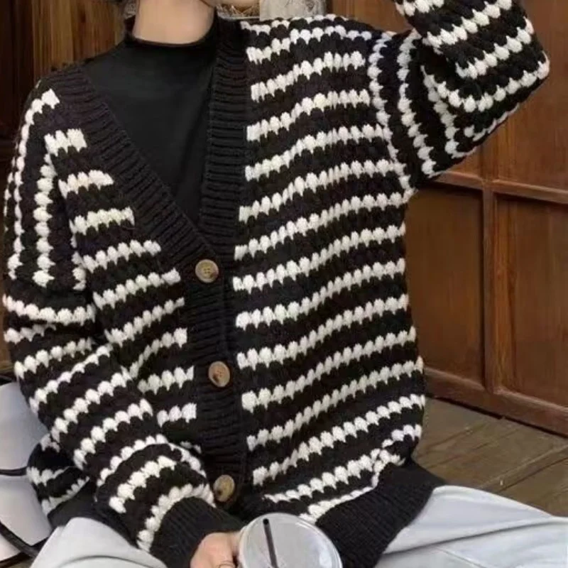 Korean Chic Elegant Women's Cardigan V-Neck Long Sleeve Top Stripe Sweater Vintage Black Coats & Jackets Loose Office Lady's Top