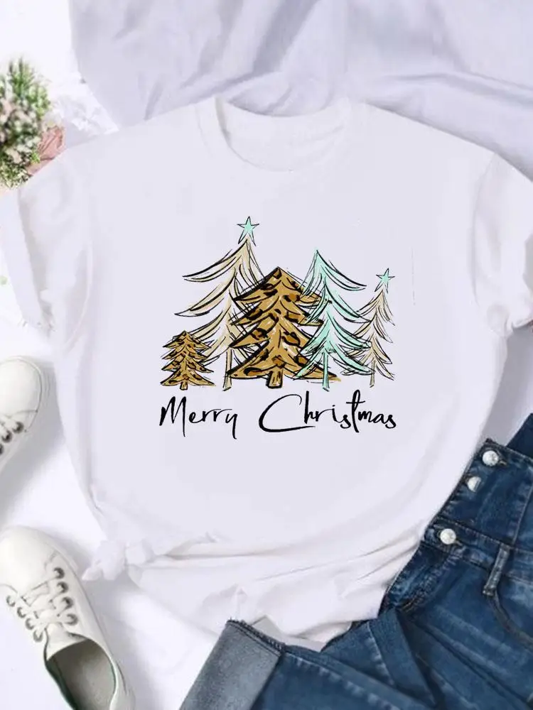 

Leopard Tree Letter 90s Merry Christmas Fashion Female Shirt Print T Top Women Holiday Clothing New Year T-shirts Graphic Tee