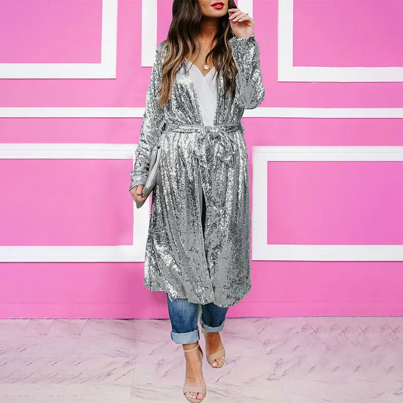 Women's Coat Long-sleeved Cardigan Sequin Tie Waist Slim Coats