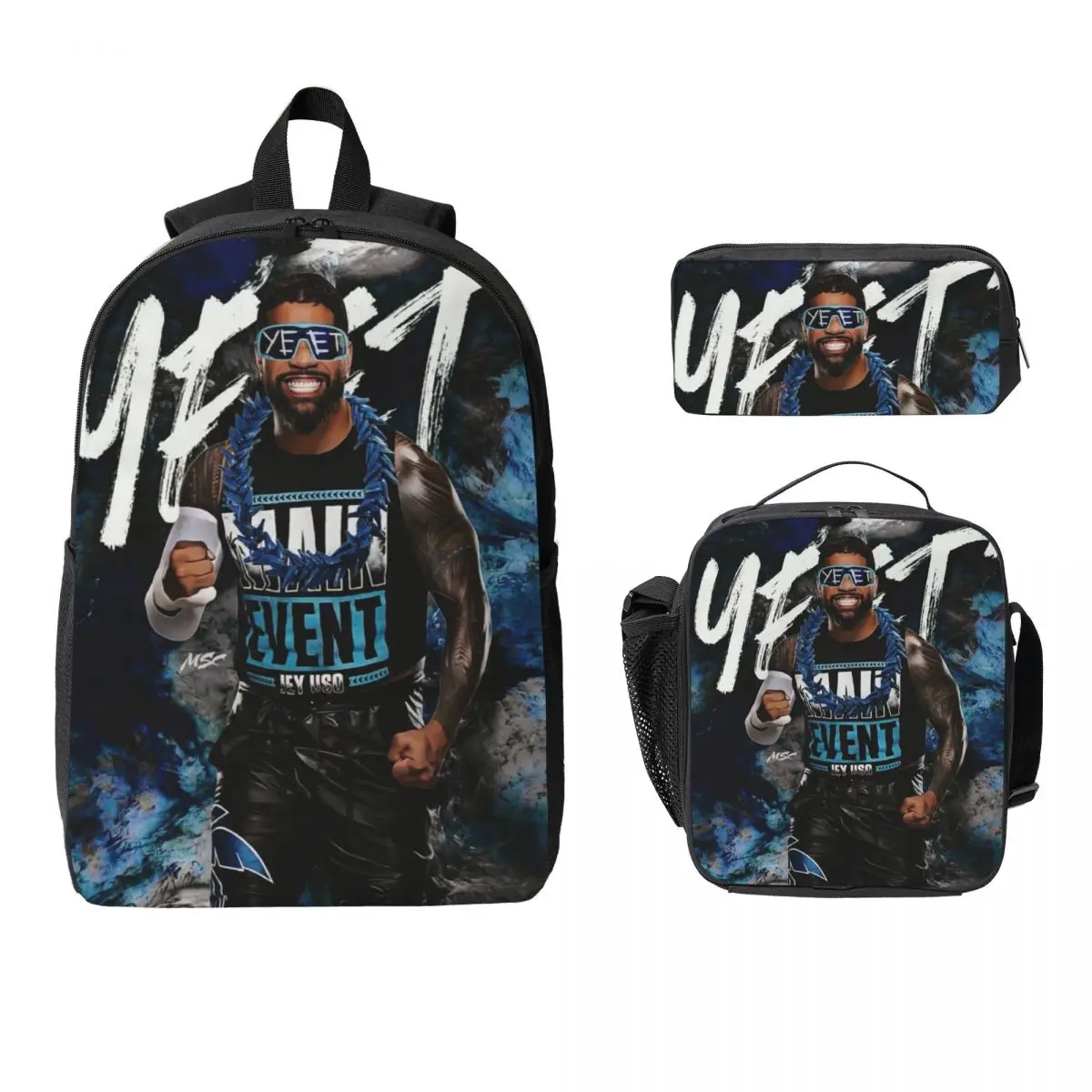 Jey Uso Yeet Wrestling Wrestler Kids Backpack Lunch Box Pencil Boxes for Boys Girls Backpacks Lightweight School bag Bookbag Set 1