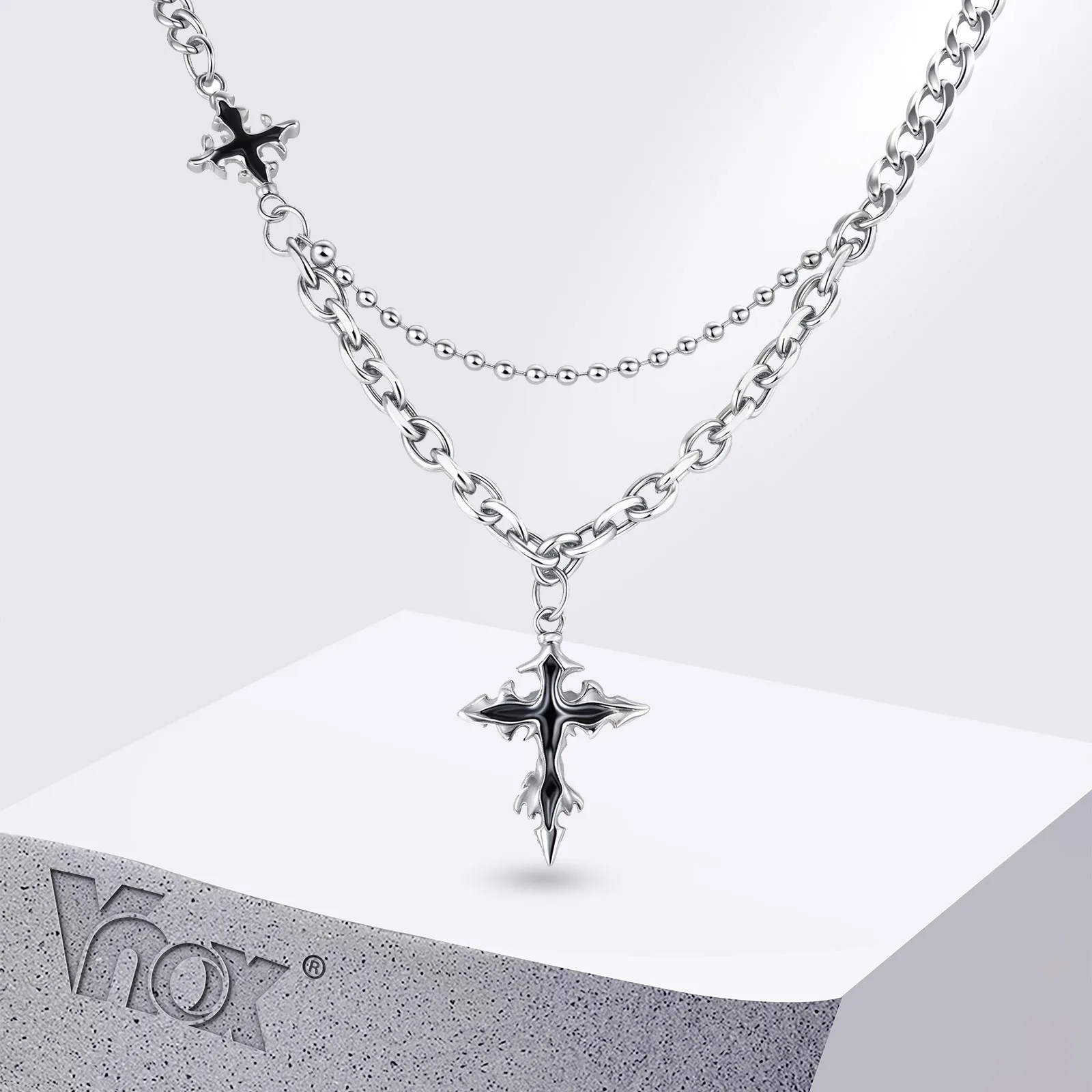 Vnox Flüssige Lava-förmige Kreuz-Halsketten für Männer und Frauen, Gothic Hiphop kubanischer Kettenkragen, schwarzer dunkler Kreuz-Anhänger-Schmuck