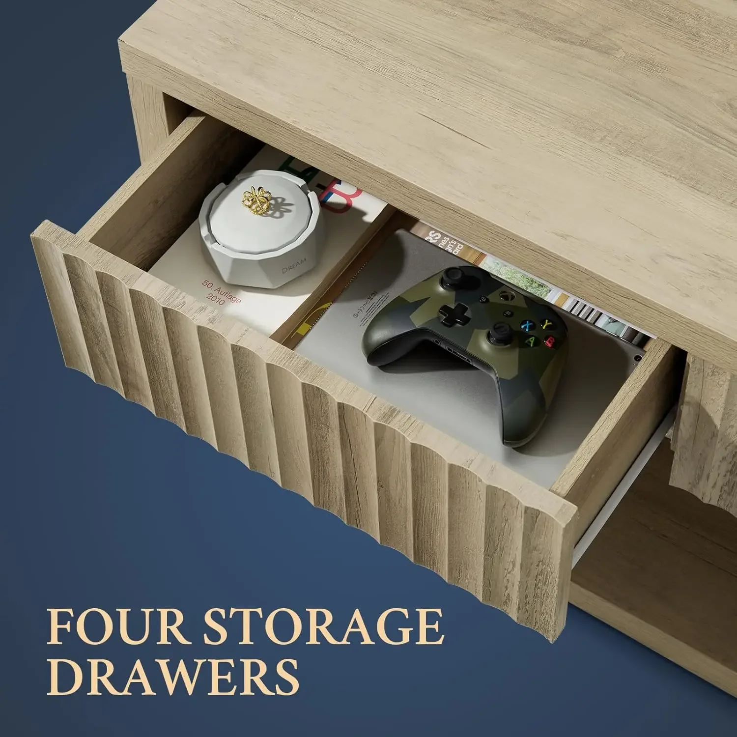 Fluted Coffee Table with 4 Storage Drawers, Wood Coffee Table with Open Compartment, Modern Coffee Tables for Living Room, 3