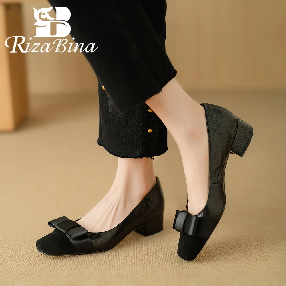 

RIZABINA Genuine Leather Women Pumps Fashion Butterfly-knot Chunky Heel Shoes Female Comfort Slip On Office Daily Shoes Handmade