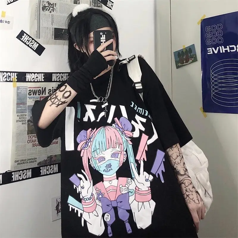 Kawaii Double Tshirt Japanese Anime Style Punk  Женские толстовки Стиль  харадзюку Идеи наряда