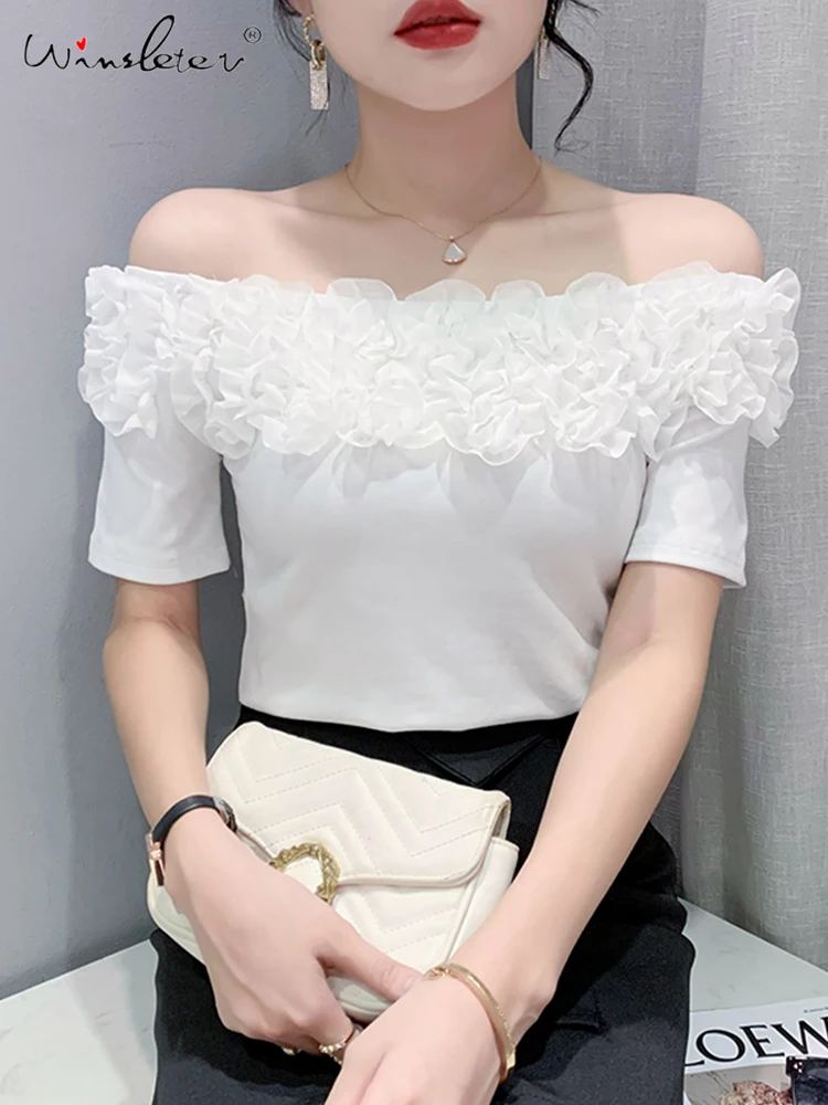 

Winsleter Off Shoulder Tops Ruffled T-shirts Short Sleeves Slim Elastic One Piece Tee Women Clothing Spring T31613X