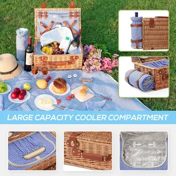 Wicker Picnic Basket Set for 4 Person with Cooler Compartment and Waterproof Picnic Blanket,Removable Strap,Wine Bag,Cutlery Set 5