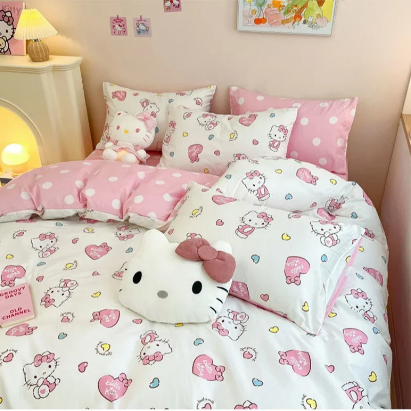 Комплект постельного белья Hello Kitty в стиле аниме, 4 шт., пододеяльник, постельное белье для студентов, мягкое бриллиантовое легкое покрывало, подарок