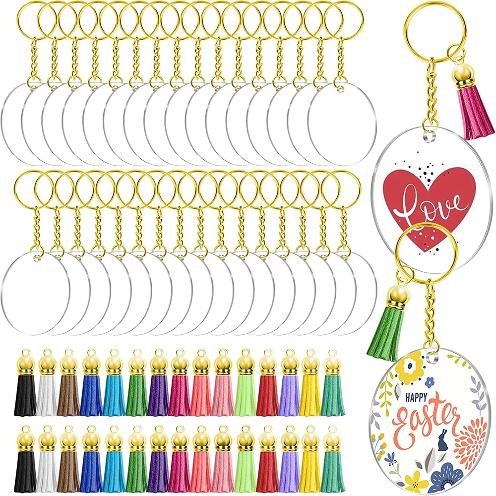 120Pcs Acrylic Keychain Blanks Tassel Pendant Keyring Pendant Round Acrylic Key Chain Metal Keychain Ring Set DIY Craft
