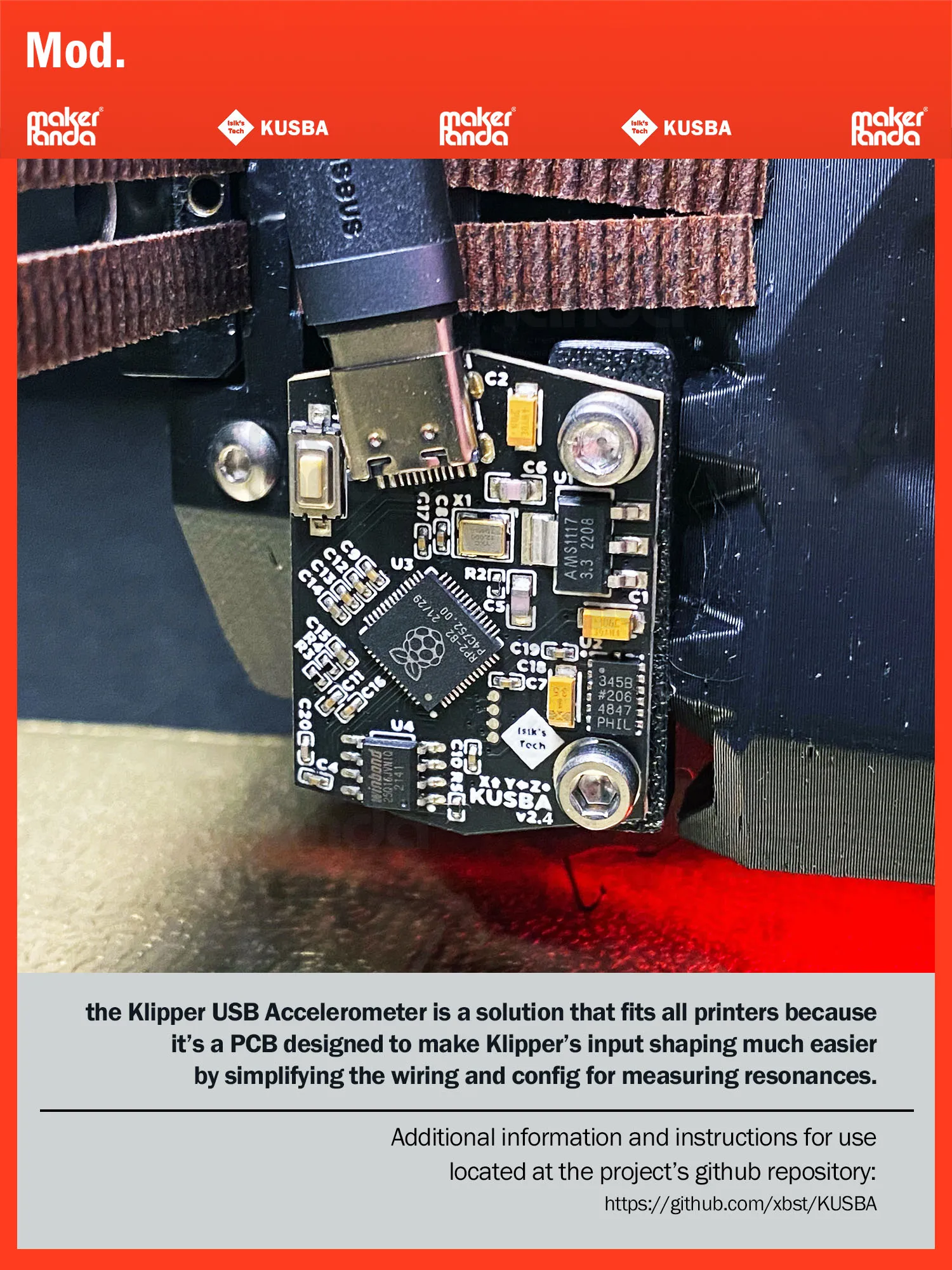 USB ADXL345 Accelerometer PCB For Klipper Input Shaper - 3D Printer Vibration Calibration