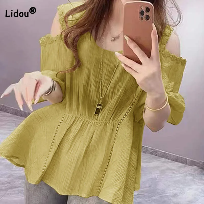 Women's Clothing New Short Sleeve Off Shoulder Casual Blouse 2023 Summer Korean Simplicity Solid Color All-match Spliced Shirt