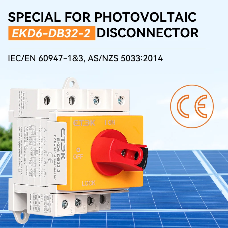 DC Solar Isolator Switch PV 1000V 32A 2P Din Rail Mounting Rotating Handle CE Disconnector For Solar Certified EKD6-DB32