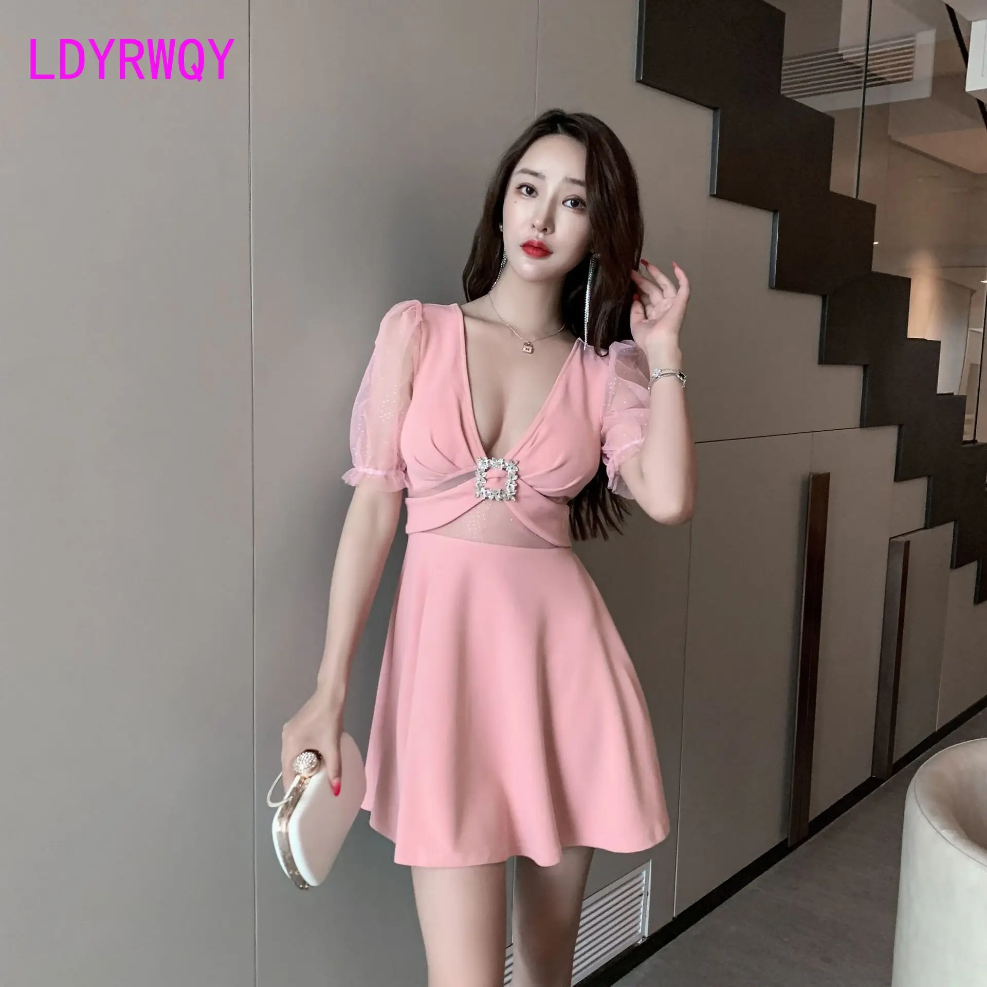 

2022 Nightclub women's low-cut, deep V technician sexy dress with breast covering belly