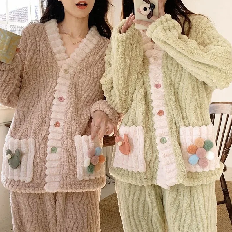 

Coral Velvet Pajamas Women's Add Velvet Padded Two-Piece Suit 2023 New Coat Set Autumn Winter Flannel Home Clothes Female Top
