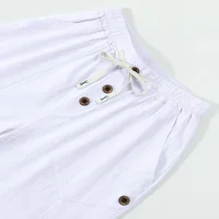 Pantalon en lin pour homme avec cordon de serrage, décontracté, détails boutonnés, taille élastique, respirant, pour la plage, les vacances, le quotidien, coupe droite, pour homme 3