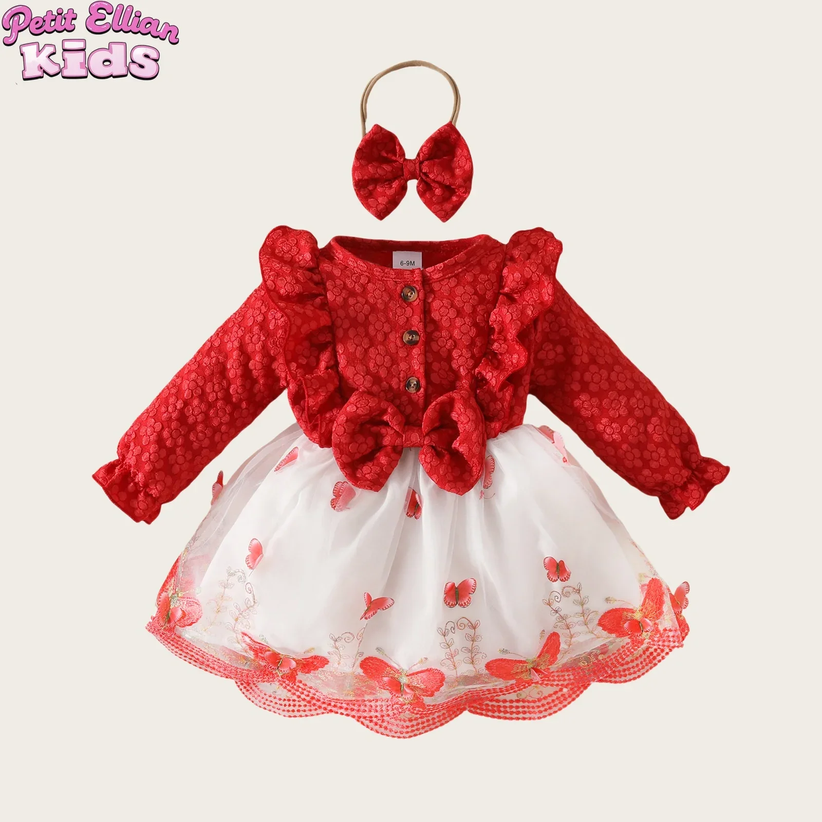 Adorable Baby Girls 3D Butterfly Long Sleeve Ruffled Mesh Patchwork Dress Cute and Charming for 0 - 3 Y Kids Clothes Girl 1