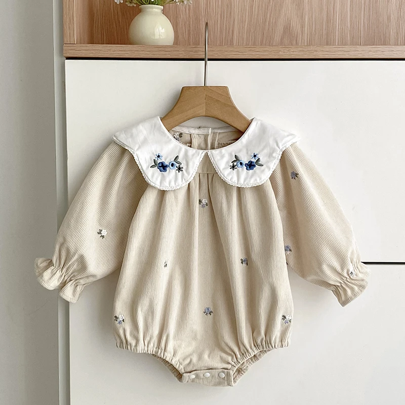Autumn Newborn Infant Solid Color Bodysuit Girls Romper Floral Embroidery Long Sleeved Jumpsuit Baby Lapel Clothes Infant Clothe - Image 2