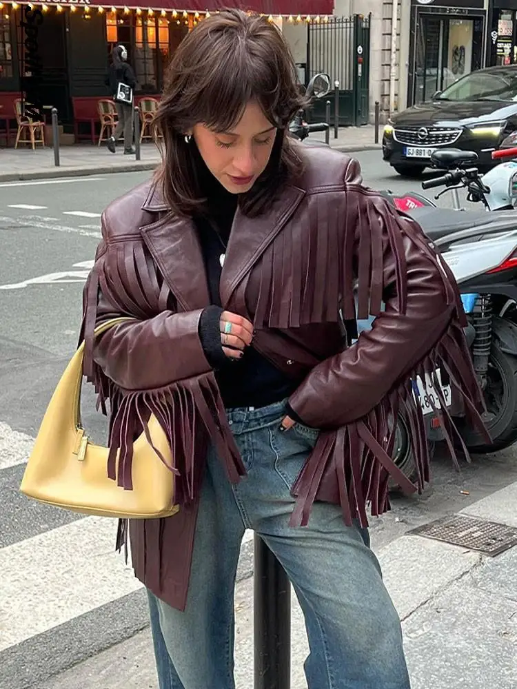 

Vintage Tassel PU Leather Jacket for Women Fashion Lapel Zipper Long Sleeve Female Warm Coats 2023 Autumn Winter Lady Streetwear